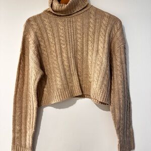 Cozy Tan Cable Knit Turtleneck Sweater
